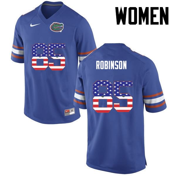 Women's NCAA Florida Gators James Robinson #85 Stitched Authentic USA Flag Fashion Nike Blue College Football Jersey TWY0865HW